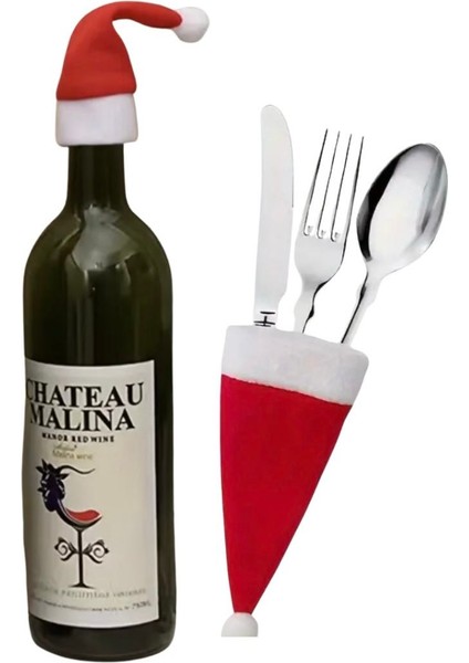 6’lı Mini Yılbaşı Şapka Dekor Seti | Şişe ve Çatal Bıçak Süsü | Yılbaşı Masası Aksesuarı