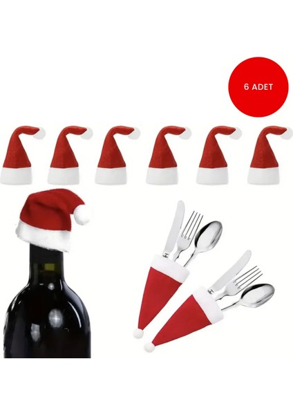 6’lı Mini Yılbaşı Şapka Dekor Seti | Şişe ve Çatal Bıçak Süsü | Yılbaşı Masası Aksesuarı fırsatları