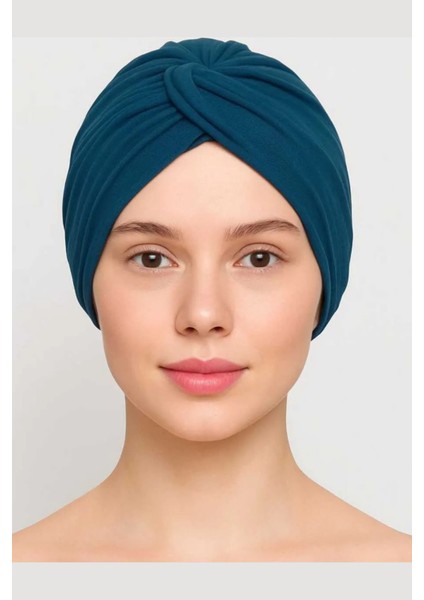 Düğümlü Dış Bone Petrol Mavisi | Hazır Bağlı Sosyete Yarım Şal Modeli | Tesettür Rahat ve Şık Bone