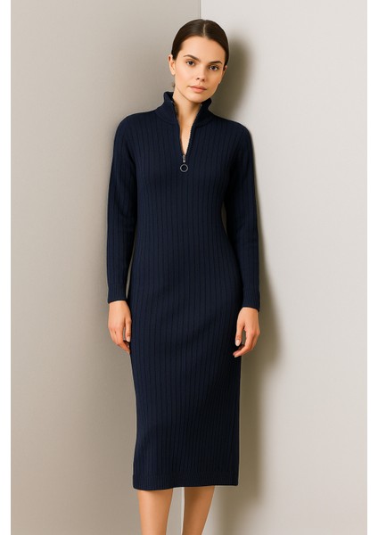 Yeni Sezon Fitilli Fermuar Detaylı Uzun Elbise