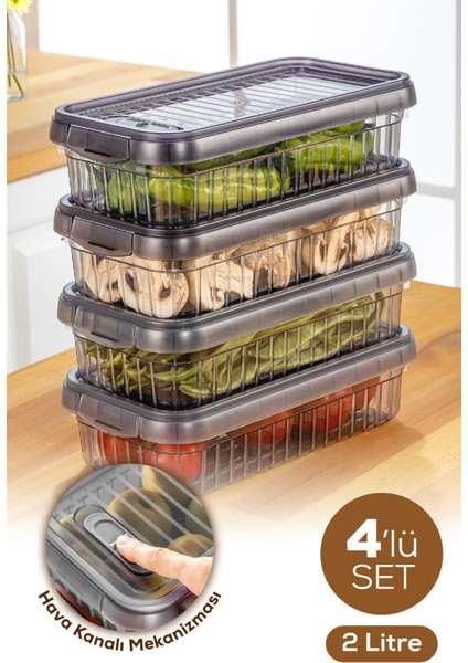 4'lü Kendinden Çizgili Kilitli Kapaklı Saklama Kabı Seti 2 L Antrasit