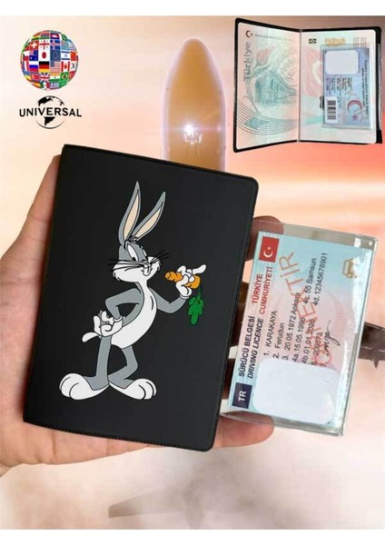 Bugsbunny Desenli Pürüzsüz Yüzey Deri Pasaport Kılıfı Kabı Tüm Ülke Pasaportlarına Uygun
