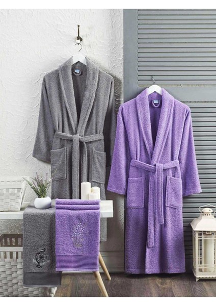 4 Parça Aile Bornoz Seti Kadın Erkek Havlulu Bornoz Takımı Gri Lavanta