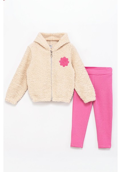 Kız Çocuk Welsoft Kumaş 2'li Takım (Kapüşonlu ve Fermuarlı Hırka+3 Iplik Tayt) 12373