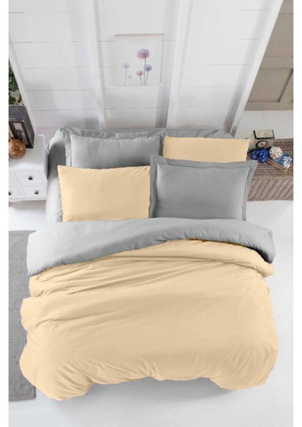 Çift Kişilik Lastikli Çarşaflı Nevresim Takımı Pamuklu Four Season Bej Gri