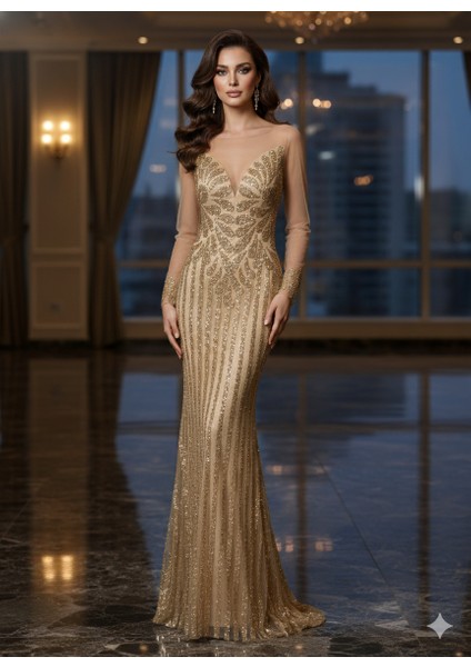Özel Gün Nişan Söz Balo Taşlı Simli Payetli Tül Detay Özel Tasarım Balık Uzun Abiye Gold
