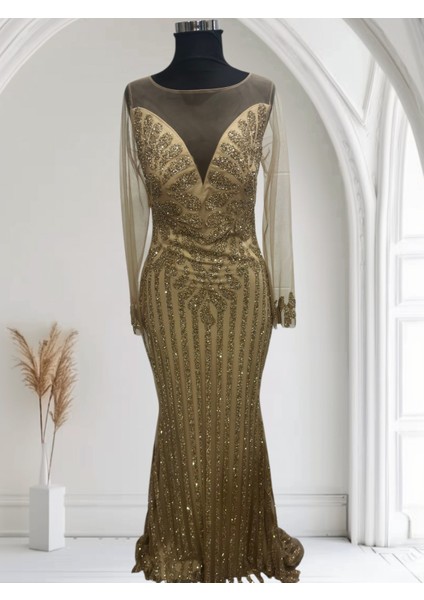 Özel Gün Nişan Söz Balo Taşlı Simli Payetli Tül Detay Özel Tasarım Balık Uzun Abiye Gold modelleri