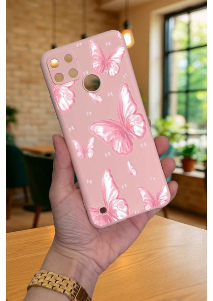 Realme C21Y ve C25Y -Pembe Kelebek Desenli Silikon Darbe Emici Klasik Korumalı Rubber Kılıf