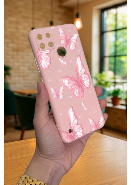 Realme C21Y ve C25Y -Pembe Kelebek Desenli Silikon Darbe Emici Klasik Korumalı Rubber Kılıf modelleri