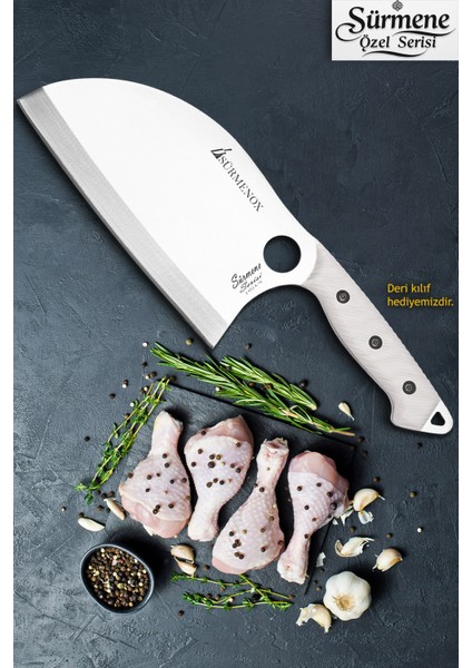 Sürmene Serisi B Almazan Mutfak Şef Bıçağı Bıçak Kamp Bıçağı Deri Kılıflı Beyaz Verzalit Sap HDS-151