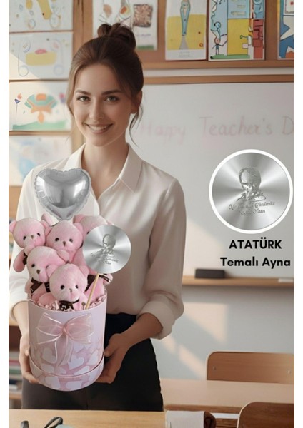Öğretmen'e Hediye: Atatürk Temalı Aynalı Pembe Kalpli Kutuda, Kalpli Balonlu 6’lı Pembe Ayıcık Buketi - 24 Kasım Öğretmenler Günü Hediyesi