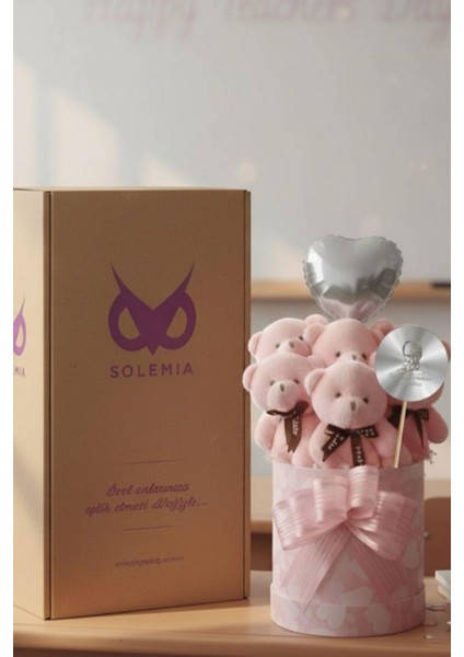 Öğretmen'e Hediye: Atatürk Temalı Aynalı Pembe Kalpli Kutuda, Kalpli Balonlu 6’lı Pembe Ayıcık Buketi - 24 Kasım Öğretmenler Günü Hediyesi fırsatları