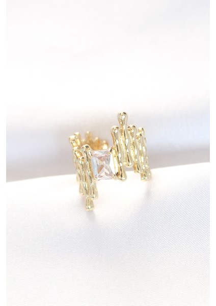 Gold Renk Tırtıklı Kalın Baget Taş Tasarım Ayarlanabilir Yüzük - Lisinya