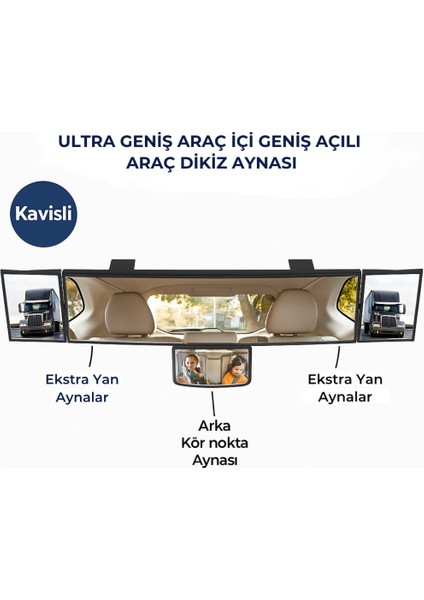 Kavisli Ultra Geniş Araç Içi Dikiz Aynası | Ekstra Yan ve Kör Nokta Aynalı, Tüm Araçlara Uyumlu