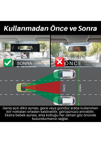 Kavisli Ultra Geniş Araç Içi Dikiz Aynası | Ekstra Yan ve Kör Nokta Aynalı, Tüm Araçlara Uyumlu fiyatları