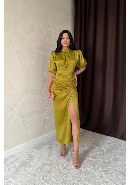 Yağ Yeşili Büzgülü Saten Elbise modelleri