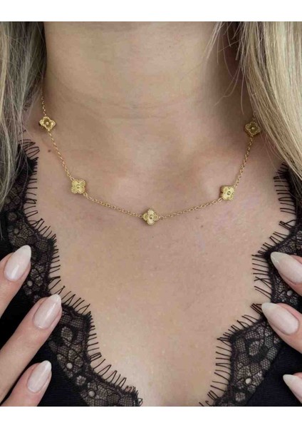 Altın Renk Çiçek Motifli Zincir Tasarım Minimal Çelik Kadın Kolye