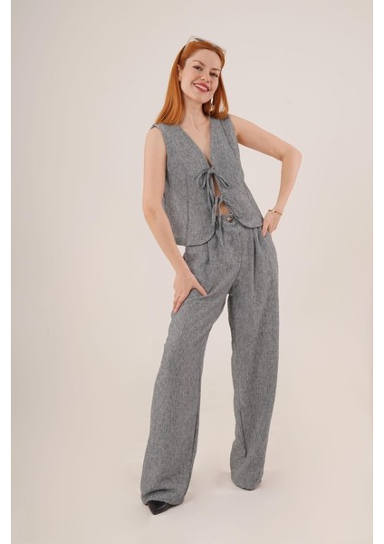Ön Bağlama Detaylı Yelek ve Pantolon Antrasit Ikili Takım