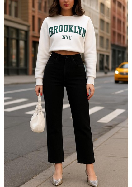 Siyah Mom Fit Jean Strait Pantolon Kesik Paça