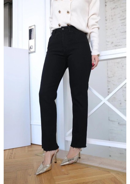 Siyah Mom Fit Jean Strait Pantolon Kesik Paça fiyatları