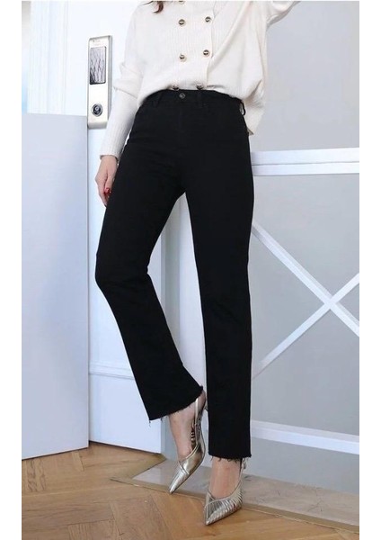 Siyah Mom Fit Jean Strait Pantolon Kesik Paça modelleri
