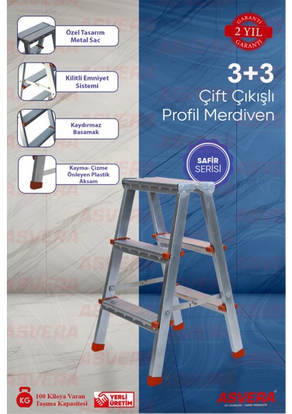 Safir Serisi 3 3 Basamaklı Çift Çıkışlı Galvanizli Profil Merdiven (Ev, Bahçe, Işyeri Için Uygun)