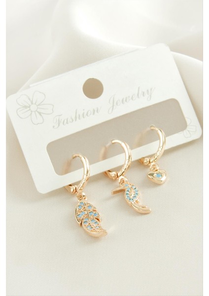 3 Adet Yaprak Zirkon Taşlı Küpe