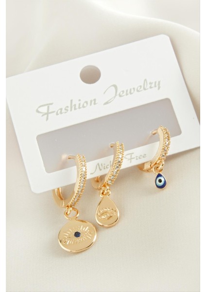 3 Adet Göz Zirkon Taşlı Küpe