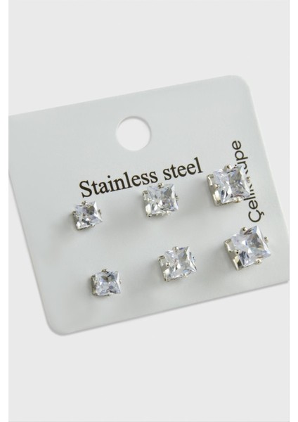 6 Adet Kare Zirkon Tek Taşlı Çelik Küpe