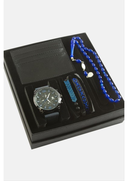 Kayışlı Kol Saati Tesbih Bileklik ve Cüzdan Kutulu Set