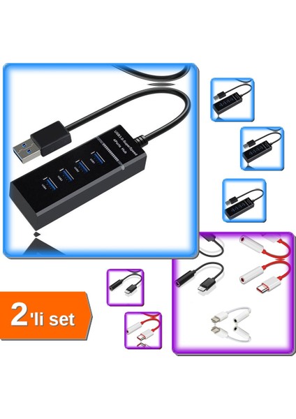 4 Girişli USB Çoğaltıcı + Type C Kulaklık Dönüştürücü - 2li Set P1Q2R3