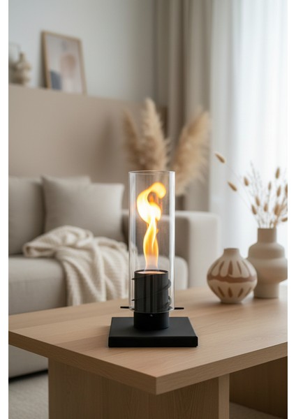Masaüstü Biyoetanol Şömine Cam Tüplü Dekoratif Alevli Şömine – 1 Litre Yakıt + Çakmak Hediyeli