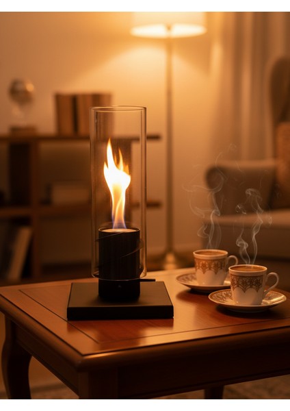 Masaüstü Biyoetanol Şömine Cam Tüplü Dekoratif Alevli Şömine – 1 Litre Yakıt + Çakmak Hediyeli