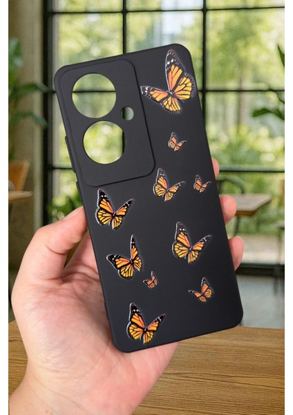 Oppo Reno 11F Uyumlu Turuncu Kelebek Desenli Silikon Darbe Emici Klasik Korumalı Rubber Kılıf