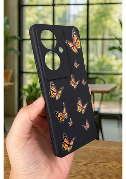 Oppo Reno 11F Uyumlu Turuncu Kelebek Desenli Silikon Darbe Emici Klasik Korumalı Rubber Kılıf modelleri