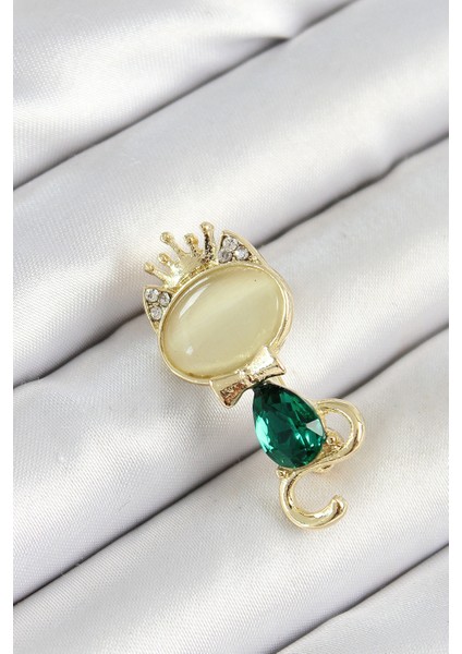 Yeşil Damla Zirkon Taşlı Kraliçe Taçlı Kedi Figürlü Gold Renk Kadın Broş - TJ-BR450