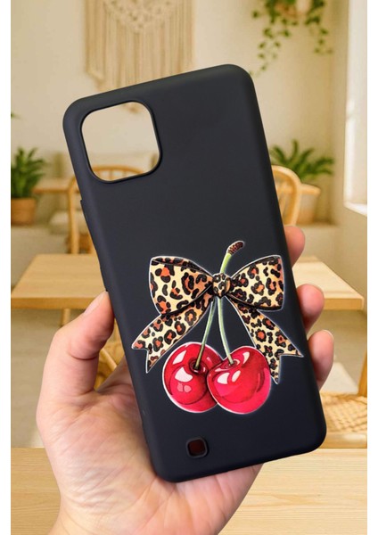 Realme C11 Uyumlu Kiraz Leopar Fiyonk Desenli Silikon Darbe Emici Klasik Korumalı Rubber Kılıf