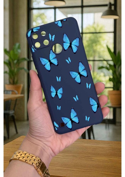 Realme C21Y ve C25Y - Mavi Kelebek Desenli Silikon Darbe Emici Klasik Korumalı Rubber Kılıf