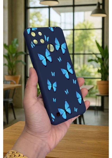 Realme C21Y ve C25Y - Mavi Kelebek Desenli Silikon Darbe Emici Klasik Korumalı Rubber Kılıf modelleri