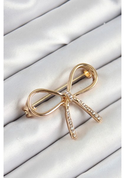 Zirkon Taş Detaylı 3D Fiyonk Figürlü Gold Renk Kadın Broş - TJ-BR442