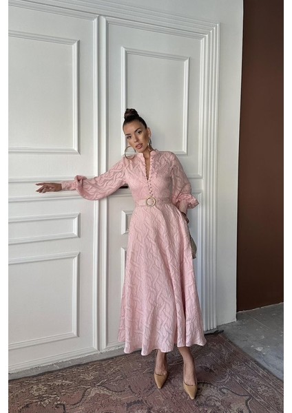 Pudra Kemer Detaylı Uzun Elbise modelleri