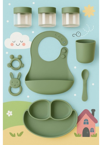 Bebek Beslenme Seti Mit Yeşili 9 Parça Silikon Mama Set