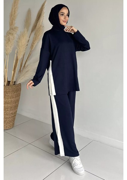 Şerit Desenli Tunik Bel Lastikli Pantolon Tesettür Ikili Takım P-00018892