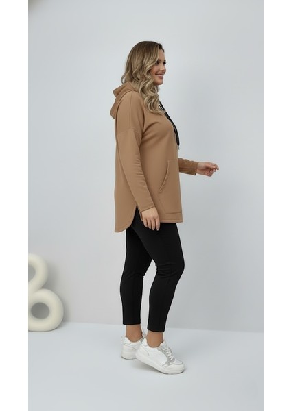 Kadın Büyük Beden Uzun Kollu Kapüşonlu Kanguru Cepli Sweatshirt 2016 fırsatları