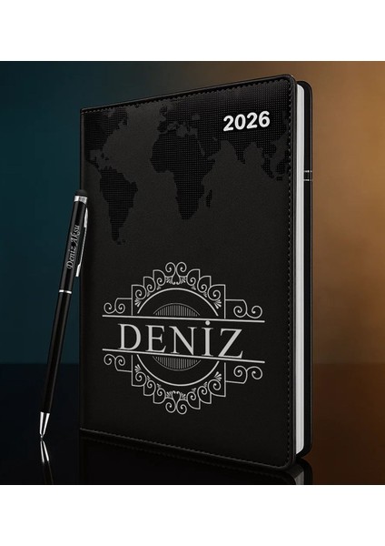 Kişiye Özel Isimli Termo Sert Kapak 2026 Siyah Ajanda & Kalem -12, Öğretmenler Günü Hediyesi, Yeni Iş Hediyesi