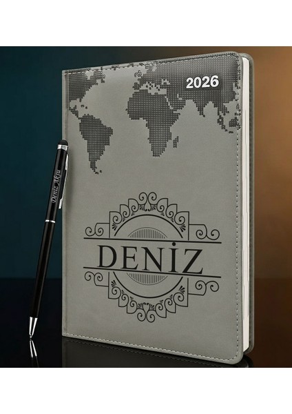 Kişiye Özel Isimli Termo Sert Kapak 2026 Gri Ajanda & Kalem -12, Öğretmenler Günü Hediyesi, Yeni Iş Hediyesi