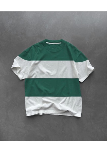 Unisex Bisiklet Yaka Parçalı T-Shirt - Yeşil