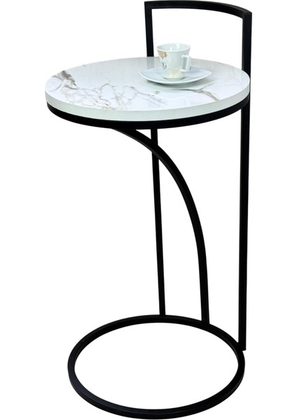 Vip Koltuk Içine Giren C Yan Sehpa Metal Iskelet Ahşap Beyaz Mermer Desenli Tabla