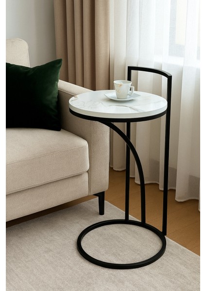 Vip Koltuk Içine Giren C Yan Sehpa Metal Iskelet Ahşap Beyaz Mermer Desenli Tabla modelleri