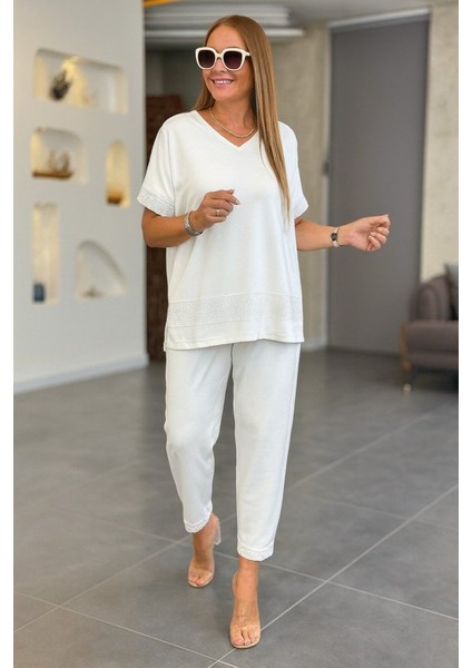 Kadın Kısa Kollu V Yakalı Pul Payetli Viskon Iki Iplik Bluz ve Pantolon Ikili Takım modelleri